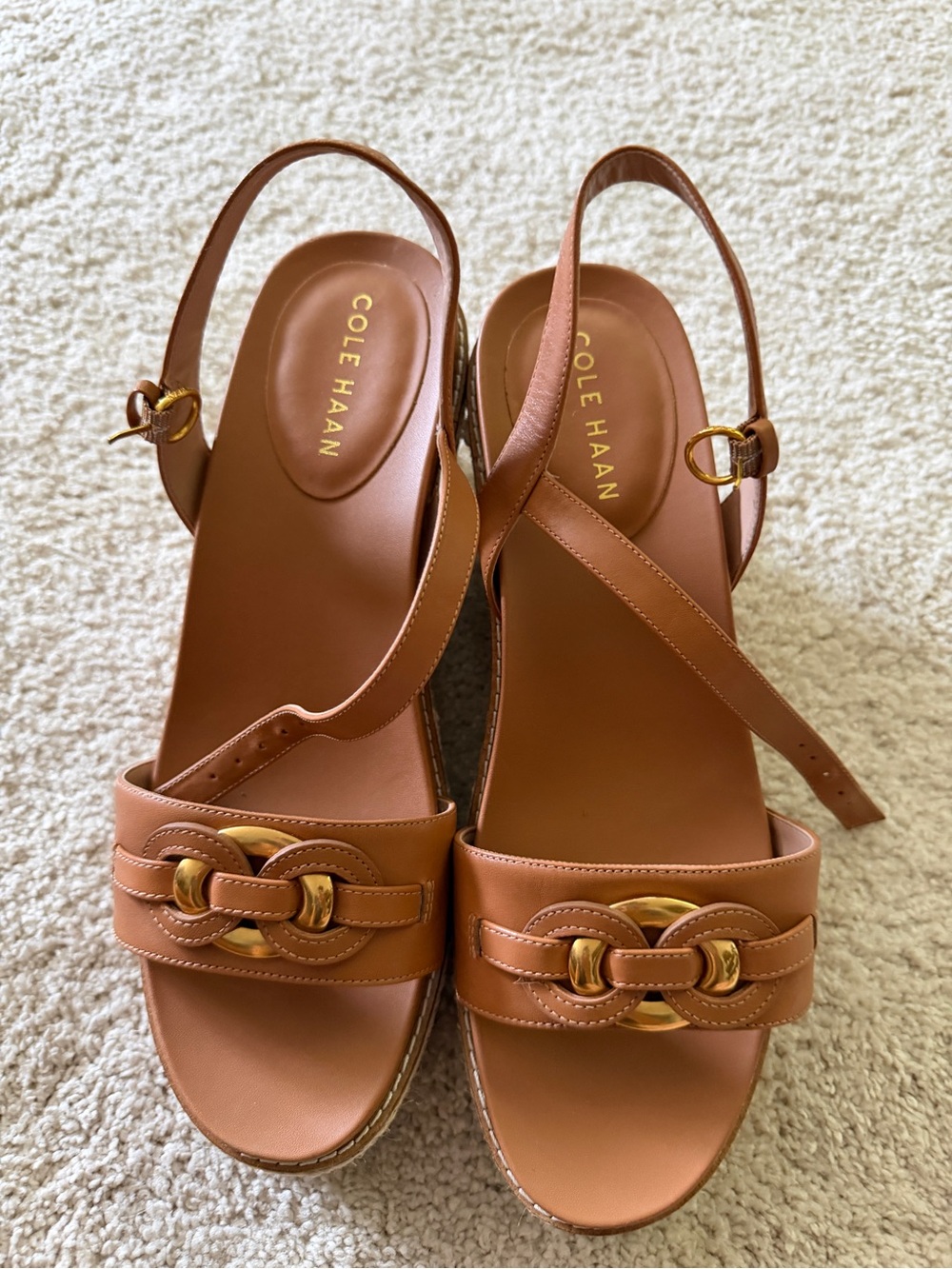 Cole Haan Brown Leather Wedge Slingback Sandals with Gold Rings